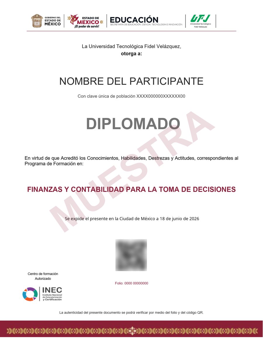 Muestra del certificado: Finanzas y Contabilidad para la Toma de Decisiones