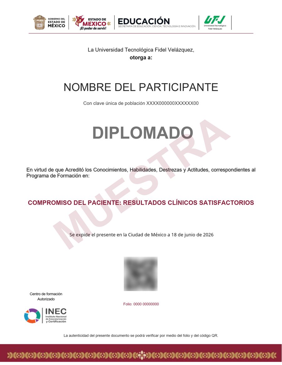 Muestra del certificado: Compromiso del Paciente: Resultados Clínicos Satisfactorios