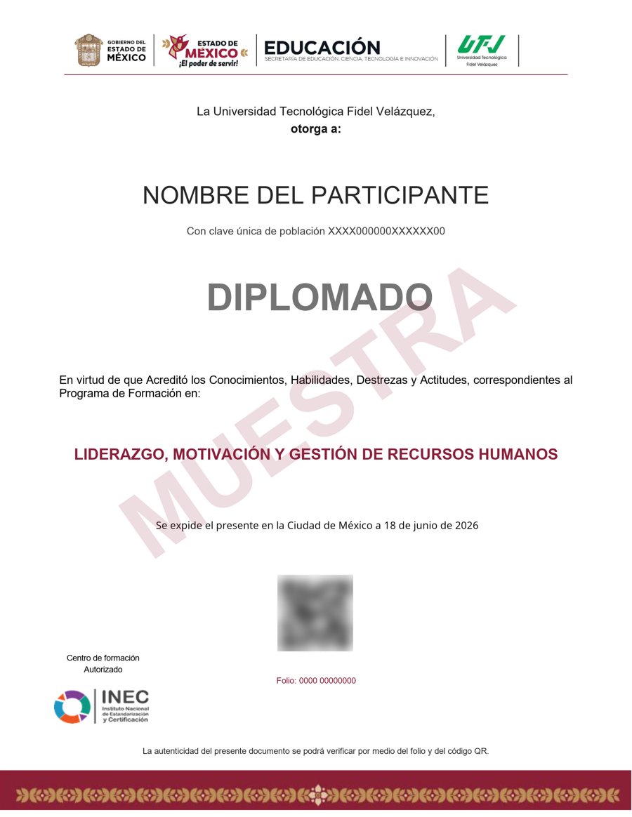 Muestra del certificado: Liderazgo, Motivación y Gestión de Recursos Humanos